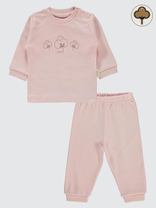 Organic Pamuklu Omuzdan Patlı 1-9 Ay Pijama Takımı - Pembe1-3 Ay