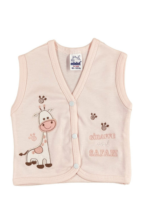 Kız Bebek Zürafa Nakışlı Organik Pamuklu 3-6-9 Ay Penye Bebek Yelek - Somon