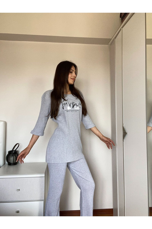 Yazlık Büyük Beden Gri Fitilli İspanyol Paça Pijama Takım