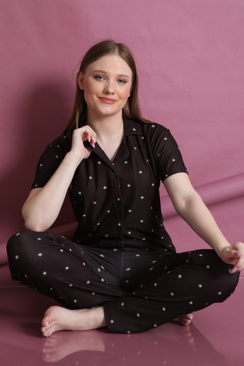 Desenli Likralı Kadın Düğmeli Pijama Takım