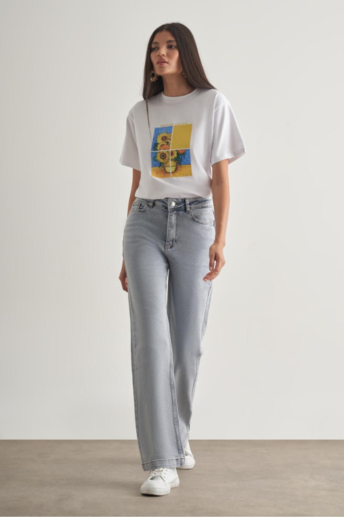 Geniş Paça Yüksek Bel Kar Mavi Denim Pantolon