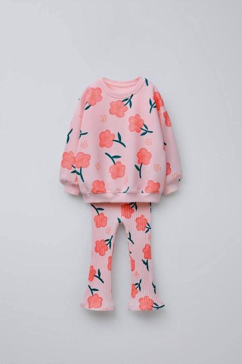 Çiçek Desenli Kız Çocuk Sweatshirt & Tayt Takımı – Pembe