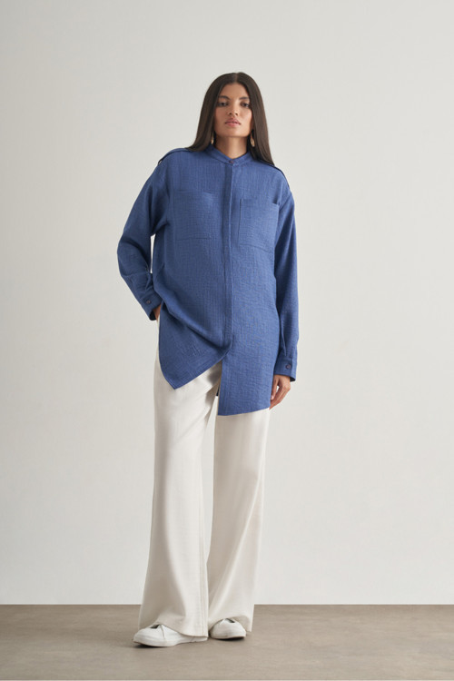 Keten Dokulu Apoletli Indigo Mavi Tunik