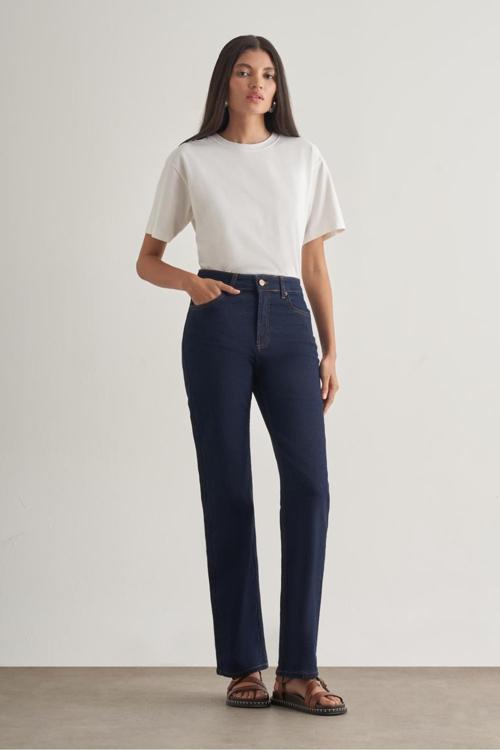 Straight Fit Yüksek Bel Lacivert Denim Pantolon