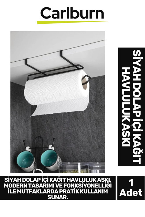 Özel Üretim 28x13 cm Metal İz Bırakmayan Kolay Montaj Dayanıklı Siyah Dolap İçi Kağıt Havluluk Askı