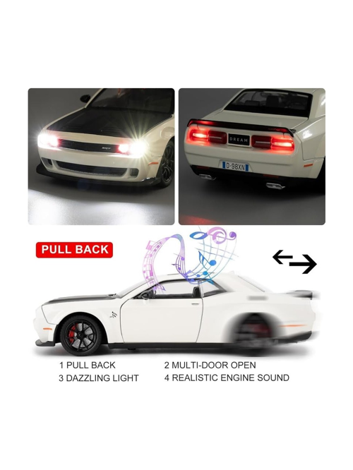 Dodge Challenger Srt Hellcat 1:24 Diecast Metal Araba Koleksiyon Sesli Işıklı Beyaz