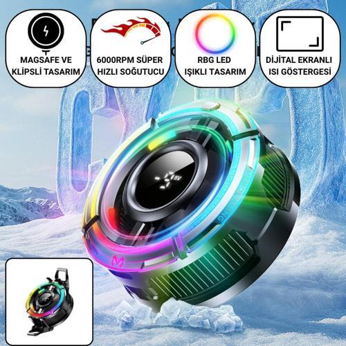 Magsafe ve Klipsli RGB LED Süper Soğutucu | 6000RPM Ultra Hızlı Fan | Dijital Ekranlı Isı Göstergeli