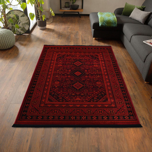 Afgan Türkmen Otantik Desenli Dokuma Kırmızı Oturma Odası Salon Mutfak Halısı Yolluk X380A