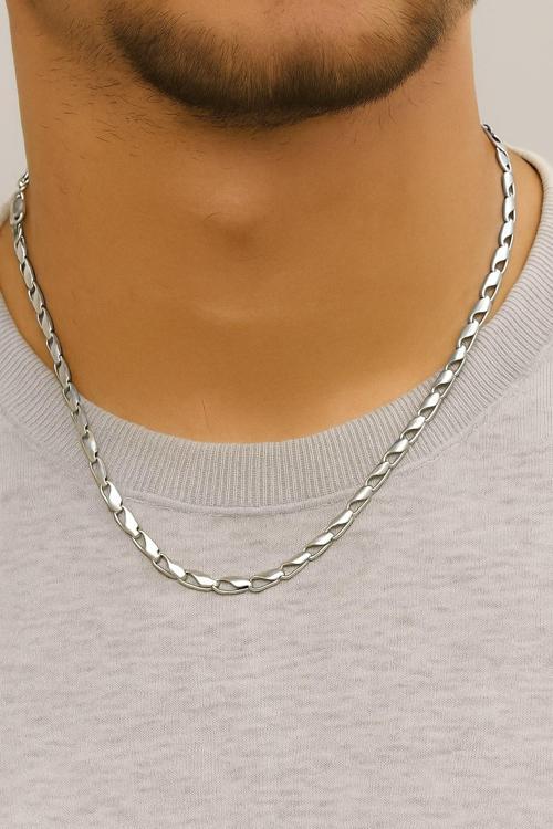 Gümüş Renk Kesik Arpa Unisex Çelik Kolye - 3350