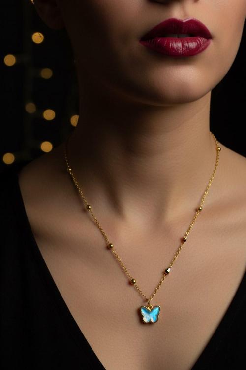 Altın Renk turkuaz Taş Kelebek Model Top Zincir Çelik Kolye - 3754