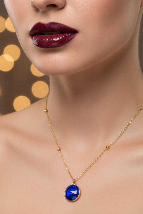 Altın Renk Mavi Taş Yuvarlak Model Top Zincir Çelik Kolye - 3758