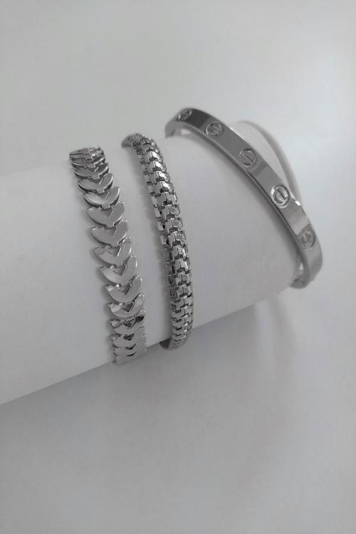 Kadın Gümüş Renk Kılçık Model Tırtıl Model Düz Kartier Model Kararmaz Kombin Bileklik - 955