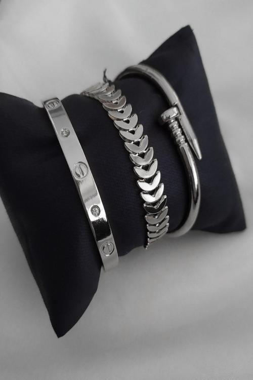 Kombin Kadın Gümüş Kaplama Taşlı Kartier Model Kılçık Ve Çivi Model Kombin Bileklik - 958