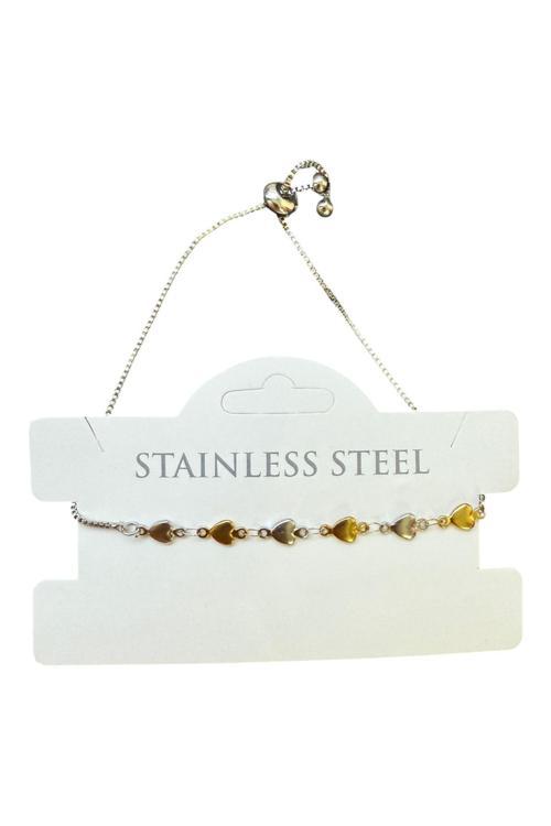 Gümüş Renk Kalp Sarı Beyaz Zincir Asansör Çelik Bileklik - 3586