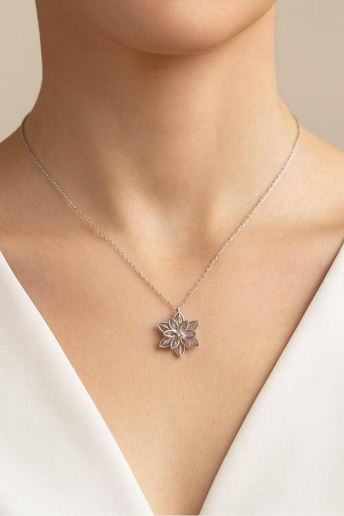 Gümüş Renk Pembe Lotus Çiçeği Kolye Paslanmaz Çelik Kolye - 3402