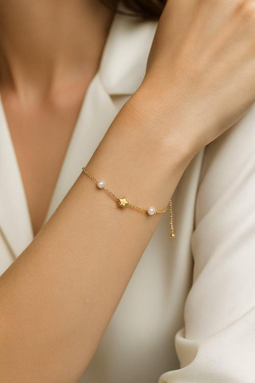 Altın Renk Yıldız İnci Asansör Çelik Bileklik - 3594