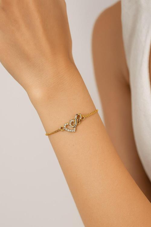 Altın Renk Kalp Sonsuzluk Asansör Çelik Bileklik - 3595