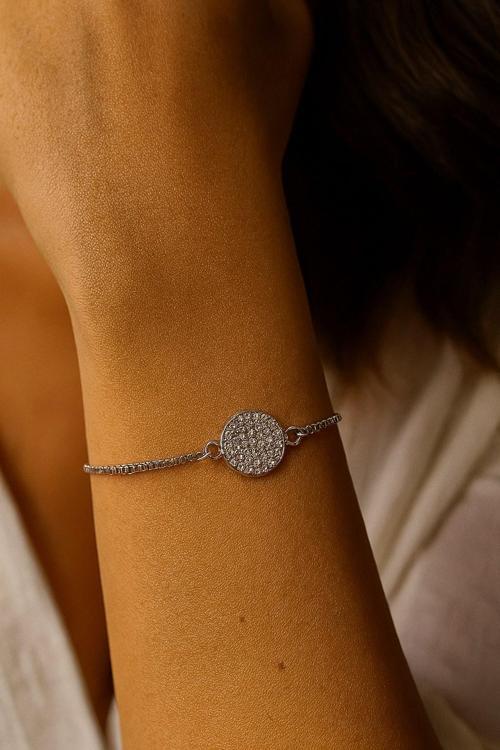 gümüş renk yuvarlak beyaz taş Asansör Çelik Bileklik - 3605