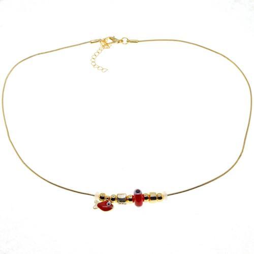 Altın Renk Kırmızı Mineli Balık Pandora Model Zirkon Kolye  - 2986