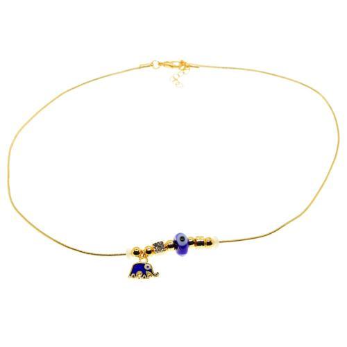 Altın Renk Mavi Mineli Fil Pandora Model Zirkon Kolye  - 3000