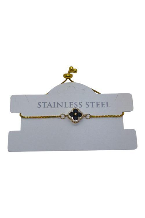 Altın Renk Siyah Taş Van Cleff Yonca Asansör Çelik Bileklik - 3625