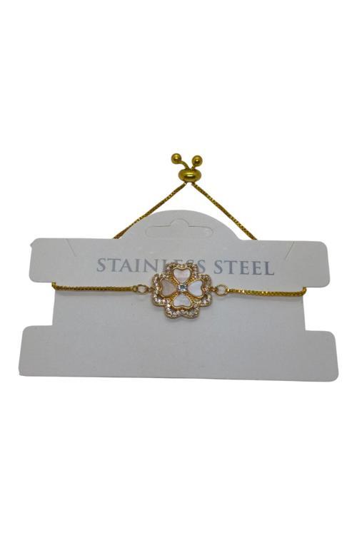 Altın Renk Van Cleef Yonca Krem Sedef Asansör Çelik Bileklik - 3630