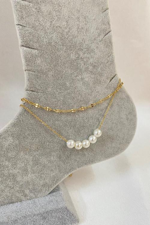 Altın Renk Beş İncili Model Singapur Ve Sf Zincir Çelik Halhal - 3226