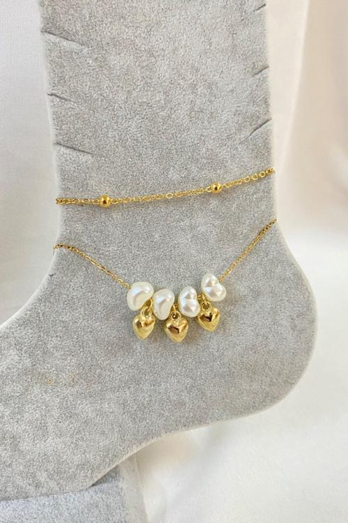 Altın Renk Kalp Barok Model Top Ve Sf Zincir Çelik Halhal - 3228