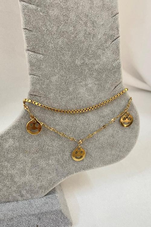 Altın Renk Gülen Surat Model Asansör Ve Singapur Zincir Çelik Halhal - 3234