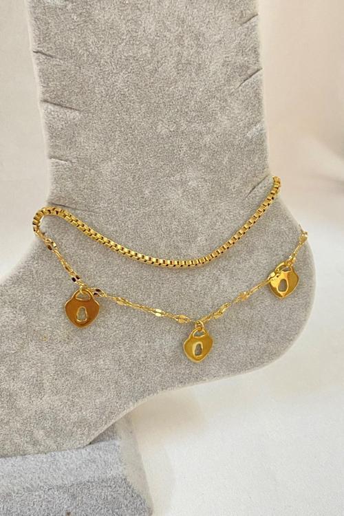 Altın Renk Anahtar Deliği Kalp Model Asansör Ve Singapur Zincir Çelik Halhal - 3235