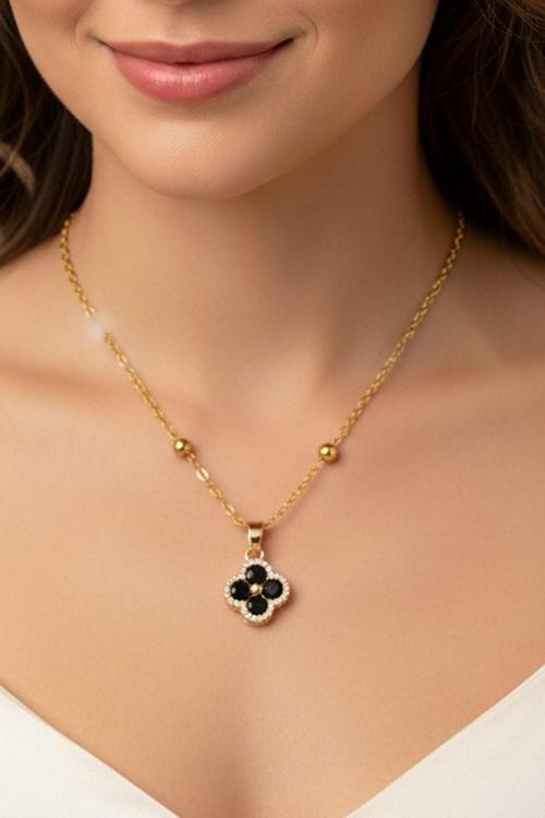 Altın Renk Siyah Taş Van Cleef Yonca Model Top Zincir Çelik Kolye - 3687