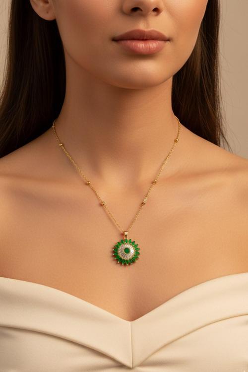 Altın Renk Yeşil Taş Güneş Model Top Zincir Çelik Kolye- 3698