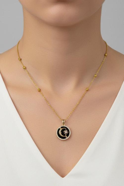 Altın Renk Siyah Mineli Ay Yıldız Model Top Zincir Çelik Kolye- 3706