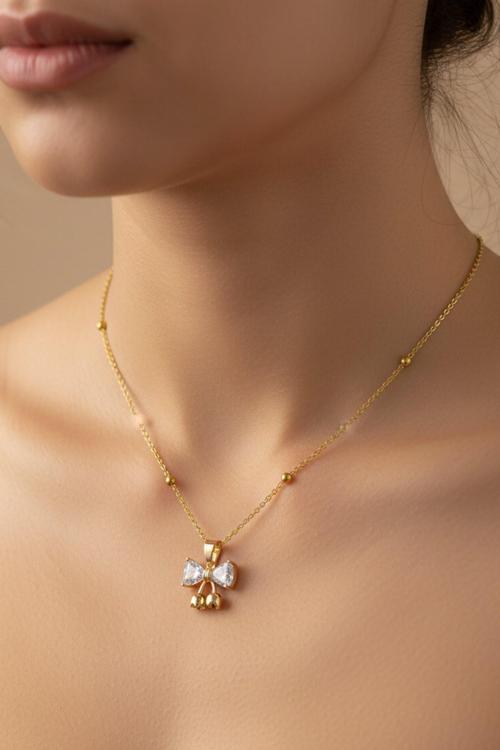 Altın Renk Kalp Fiyonk Model Top Zincir Çelik Kolye- 3710