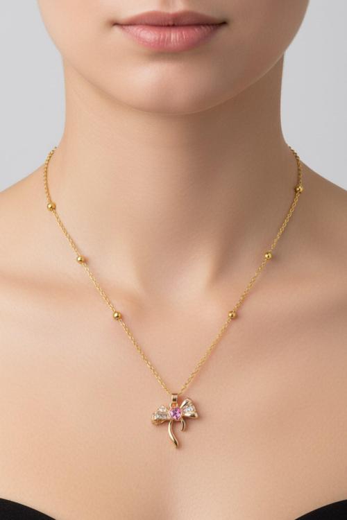 Altın Renk Pembe Taş Fiyonk  Model Top Zincir Çelik Kolye- 3714