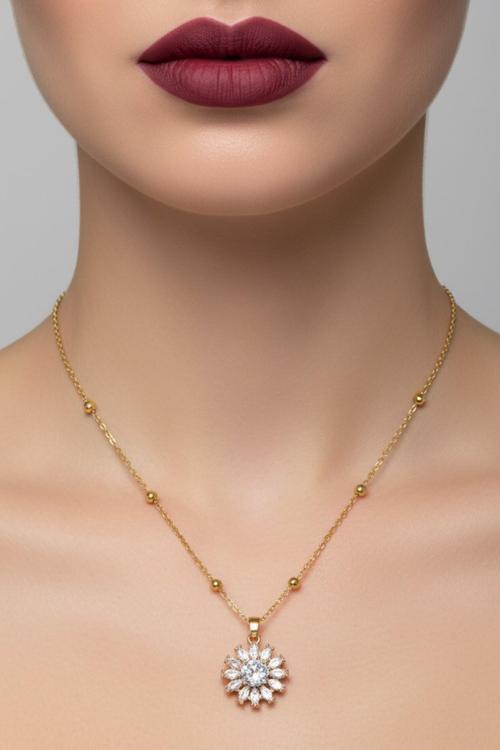 Altın Renk Yuvarlak Mekik Taşlı Model Top Zincir Çelik Kolye- 3716