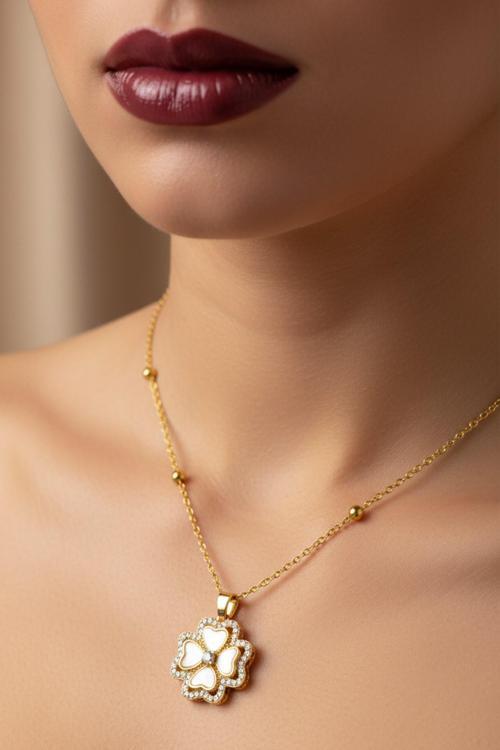 Altın Renk Beyaz Sedef Van Cleef Yonca Model Top Zincir Çelik Kolye- 3726