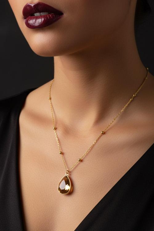 Altın Renk Amber Damla Model Top Zincir Çelik Kolye- 3730
