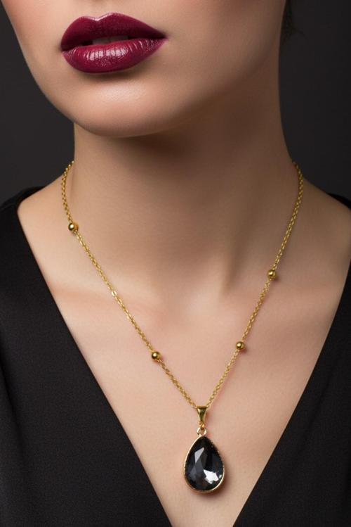 Altın Renk Füme Damla Model Top Zincir Çelik Kolye- 3731