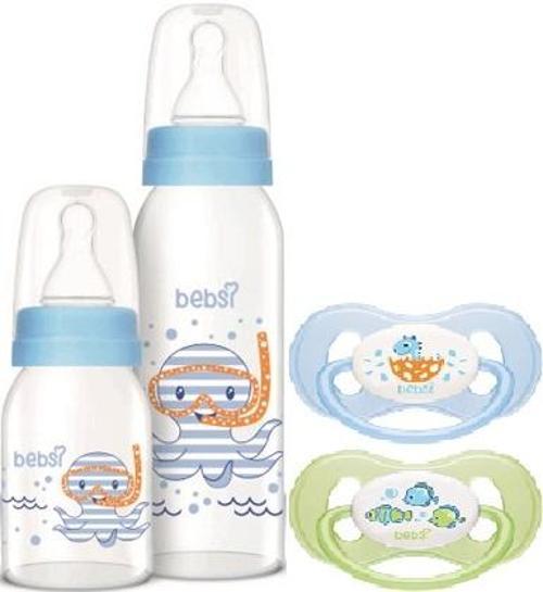 Cam Biberon Seti Mavi (250ML+125ML)+Emzik Ortodontik Damaklı Kelebek No:1 (2 Li PK) 4 Lü Set