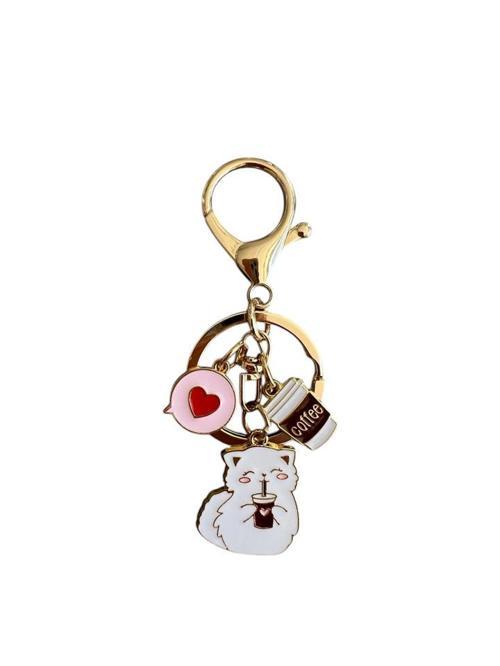 Kahveli Beyaz Kedi Metal Charm Anahtarlık