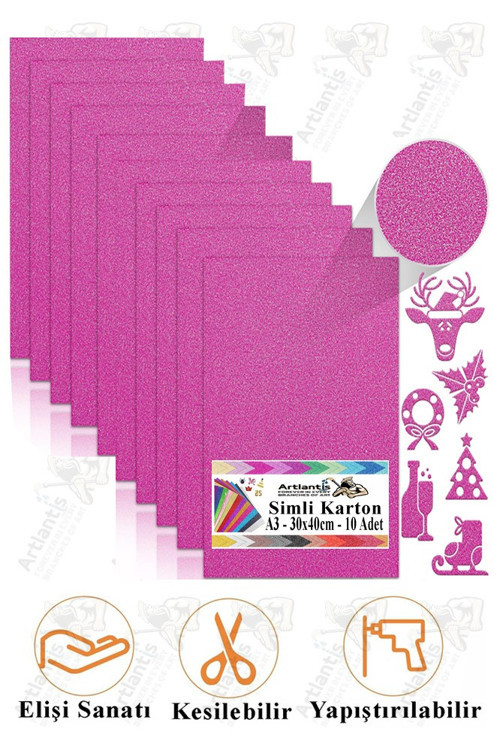 Pembe Simli Karton A3 30x40 cm 10 lu 1 Paket Simli Fon Kartonu Parıltılı Kağıt Anasınıfı Kreş Etkinlik Proje