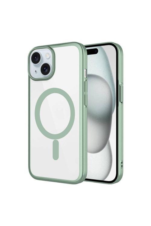 İphone 15 Plus Uyumlu Wireless Şarj Özellikli Sert Pc Zore Mat Riksos Magsafe Kılıf-Yeşil