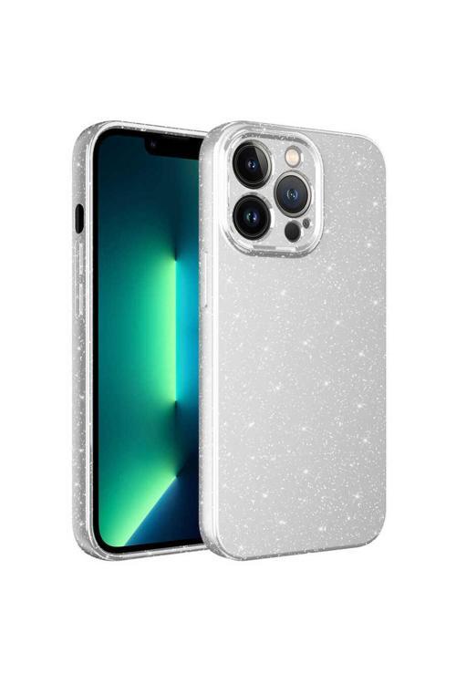 İphone 12 Pro Max Uyumlu Kamera Korumalı Simli Lüks Koton Kılıf-Beyaz