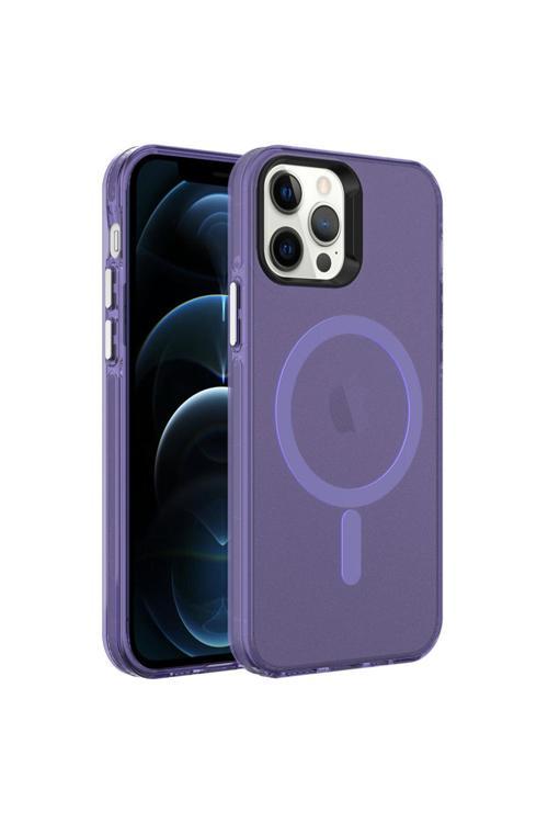 İphone 12 Pro Uyumlu Magsafe Şarj Özellikli Buzlu Transparan C-Pro Sert Kılıf-Derin Mor