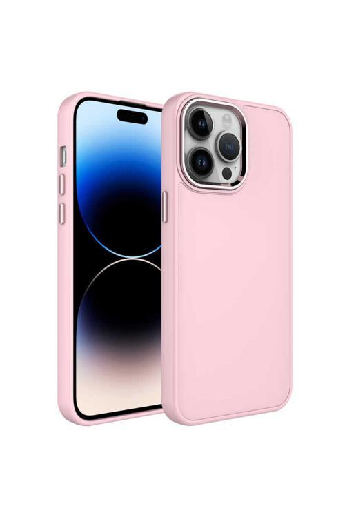 İphone 14 Pro Max Uyumlu Metal Çerçeve Ve Buton Tasarımlı Silikon Zore Luna Kılıf-Pembe