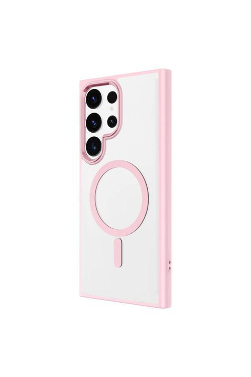 Galaxy S24 Ultra Uyumlu Magsafe Şarj Özellikli Krom Magsafe Silikon Dreamcase Kapak-Pembe