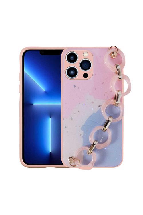 İphone 12 Pro Uyumlu Simli Desenli El Askılı Tutacaklı Elsa Silikon Kılıf-Pembe