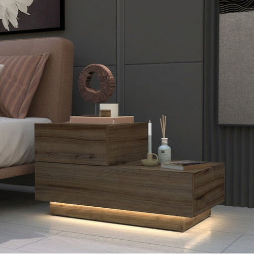 Kayra KMD002 LED Işıklı Komodin – 2 Çekmeceli Modern Tasarım, Antik Ceviz