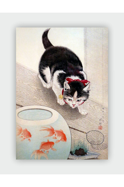 Cat And Fish Ohara Koson Duvar Posteri - Kalın Kağıt - Çerçevesiz